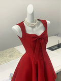 Vintage red square neck bow waist A-line homecoming dress HZ1022