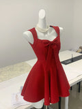 Vintage red square neck bow waist A-line homecoming dress HZ1022