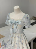 Light blue square neck rose print bow short sleeve homecoming dress HZ1022