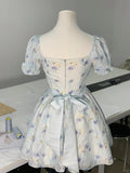 Light blue square neck rose print bow short sleeve homecoming dress HZ1022