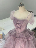Charming Purple Short Sleeve Tulle A-Line Homecoming Dress HZ1022