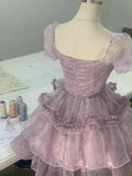 Charming Purple Short Sleeve Tulle A-Line Homecoming Dress HZ1022