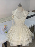 Halter neck V-neck lace sleeveless multi-layered skirt fungus lace homecoming dress HZ1022