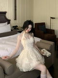 Halter neck V-neck lace sleeveless multi-layered skirt fungus lace homecoming dress HZ1022