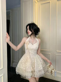 Halter neck V-neck lace sleeveless multi-layered skirt fungus lace homecoming dress HZ1022
