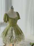 Vintage Emerald Green Short Sleeve Waisted A-Line Homecoming Dress HZ1022
