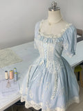 Princess light blue square neck short sleeves lace homecoming dress HZ1022