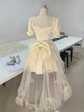 Princess light yellow puff sleeves heavy bow tail homecoming dress HZ1022