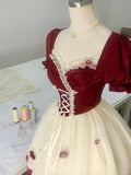 Rose Manor Burgundy and White Contrast Lace Trim Mesh Homecoming Dress HZ1022