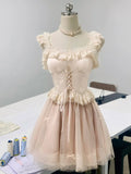 Sweet Princess Satin Splicing Fungus Lace Edge Waist Puffy Homecoming Dress HZ1022