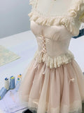 Sweet Princess Satin Splicing Fungus Lace Edge Waist Puffy Homecoming Dress HZ1022