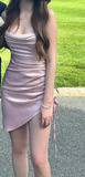 Elegant and simple pink suspender satin drawstring irregular skirt homecoming dress HZ1022