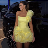 Sexy Yellow One Shoulder Hip-hugging Flower Bud Skirt Mini Homecoming Dress HZ1022
