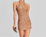 Sexy Halter Neck Sequined Backless Mini Skirt Bodycon Homecoming Dress HZ1022