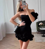 Lightweight black one-shoulder pleated slim homecoming dress HZ1022