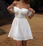 Simple tie waist puff sleeves one shoulder mini homecoming dress HZ1022