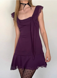 Charming Purple Square Neck Ruffle Irregular Chiffon Birthday Party Dress HZ1022