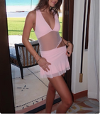 Sexy hot girl hollow mesh splicing deep V-neck strap halter neck backless homecoming dress HZ1022