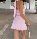 Sexy hot girl hollow mesh splicing deep V-neck strap halter neck backless homecoming dress HZ1022