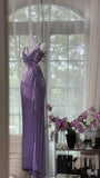 Vintage Purple Strap Chiffon Halter Back High Slit Beaded Evening Gown Prom Dress HZ1022