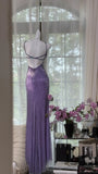 Vintage Purple Strap Chiffon Halter Back High Slit Beaded Evening Gown Prom Dress HZ1022