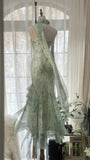 Flowy Light Green Strap Mermaid Chiffon Beaded Prom Dress HZ1022