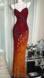 Vintage Orange Chiffon Strap Mermaid Beaded Evening Gown Prom Dress HZ1022