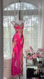 Retro Barbie Pink Lace and Satin Slit Mermaid Evening Dress Prom Dress HZ1022