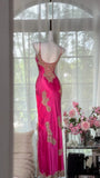 Retro Barbie Pink Lace and Satin Slit Mermaid Evening Dress Prom Dress HZ1022