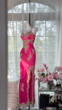 Retro Barbie Pink Lace and Satin Slit Mermaid Evening Dress Prom Dress HZ1022