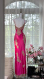 Retro Barbie Pink Lace and Satin Slit Mermaid Evening Dress Prom Dress HZ1022