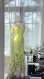 Shiny Green Beaded Straps Chiffon Irregular Skirt Prom Dress HZ1022