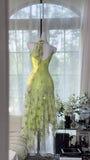 Shiny Green Beaded Straps Chiffon Irregular Skirt Prom Dress HZ1022