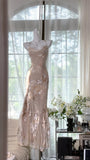 Elegant Light Pink Chiffon Printed Mermaid Evening Gown Prom Dress HZ1022