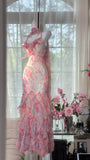 Flowy pink printed chiffon multi-layered skirt mermaid evening gown Prom Dress HZ1022