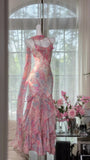 Flowy pink printed chiffon multi-layered skirt mermaid evening gown Prom Dress HZ1022