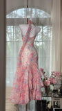 Flowy pink printed chiffon multi-layered skirt mermaid evening gown Prom Dress HZ1022