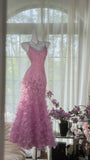 Vintage Pink V-Neck Beaded Mermaid Petal Skirt Prom Dress HZ1022
