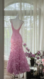 Vintage Pink V-Neck Beaded Mermaid Petal Skirt Prom Dress HZ1022