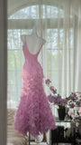 Vintage Pink V-Neck Beaded Mermaid Petal Skirt Prom Dress HZ1022