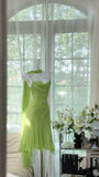 Fresh Green Chiffon Beaded Ribbon Prom Dress HZ1022