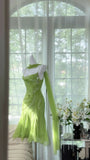 Fresh Green Chiffon Beaded Ribbon Prom Dress HZ1022