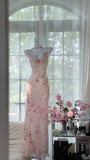 Elegant Printed Pink Chiffon Mermaid Evening Gown Prom Dress HZ1022