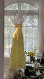 Flowy Yellow Spaghetti Strap Chiffon Beaded Mermaid Evening Gown Prom Dress HZ1022