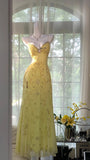 Flowy Yellow Spaghetti Strap Chiffon Beaded Mermaid Evening Gown Prom Dress HZ1022