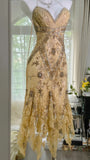 Retro luxury V-neck lace beaded irregular skirt prom dress HZ1022