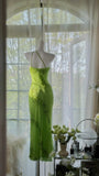 Fresh Green One Shoulder Chiffon Beaded Mermaid Evening Gown Prom Dress HZ1022
