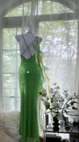 Shiny Full Beaded Heavy Green Mermaid Backless Evening Gown Prom Dress HZ1022