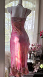 Elegant Rose Oil Painting Gradient Pink Mermaid Prom Dress HZ1022