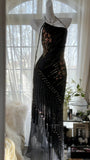 Elegance and mystery halterneck off-shoulder black fringe beaded chiffon prom dress HZ1022